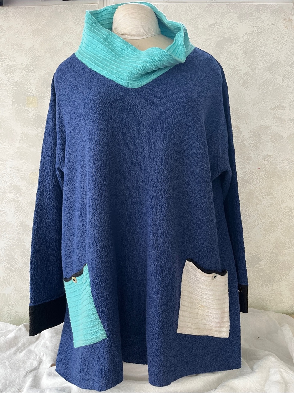 Navy Cowl-Neck Sweater with Aqua Accents